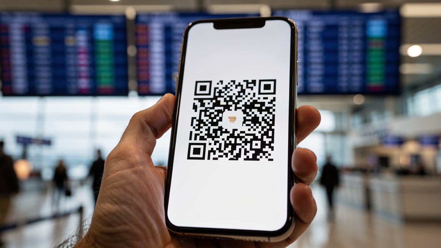 A smartphone screen showing a QR code for eSIM activation, held against a background of airport gate departure screens.
