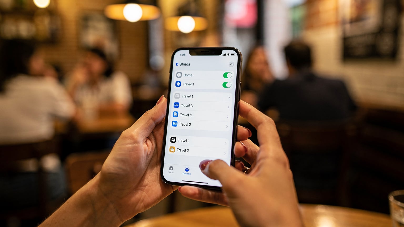 A woman's hands holding a smartphone, displaying a screen with multiple eSIM profiles listed, against a blurred backdrop of a cafe in Madrid's Malasaña district.