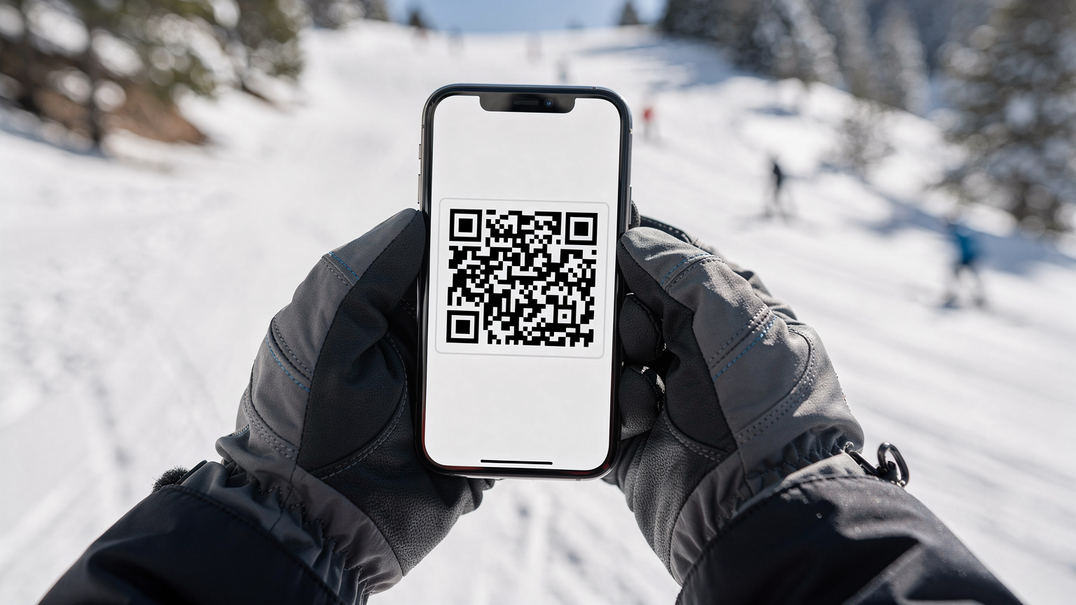 Un smartphone mostrando una pantalla de configuración de eSIM, sostenido por manos con guantes de esquí, con un fondo borroso de pistas de esquí.