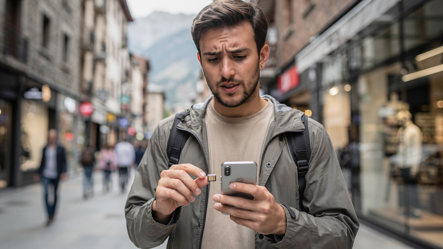 Un hombre joven con un smartphone en la mano, mostrando la parte trasera del dispositivo con una bandeja de SIM vacía, mientras mira con una expresión de ligera confusión en una zona comercial de Andorra la Vella.
