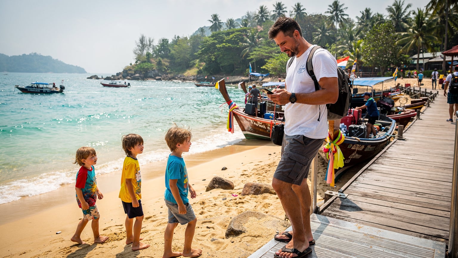 Un père de famille, l'air légèrement préoccupé, vérifie son téléphone portable en descendant d'un ferry sur une île thaïlandaise, tandis que ses deux enfants regardent l'eau avec curiosité.