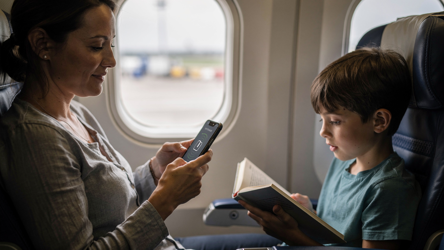 Une femme regardant un téléphone portable affichant des paramètres eSIM, avec un enfant lisant un livre à côté d'elle dans un avion, avant le décollage.