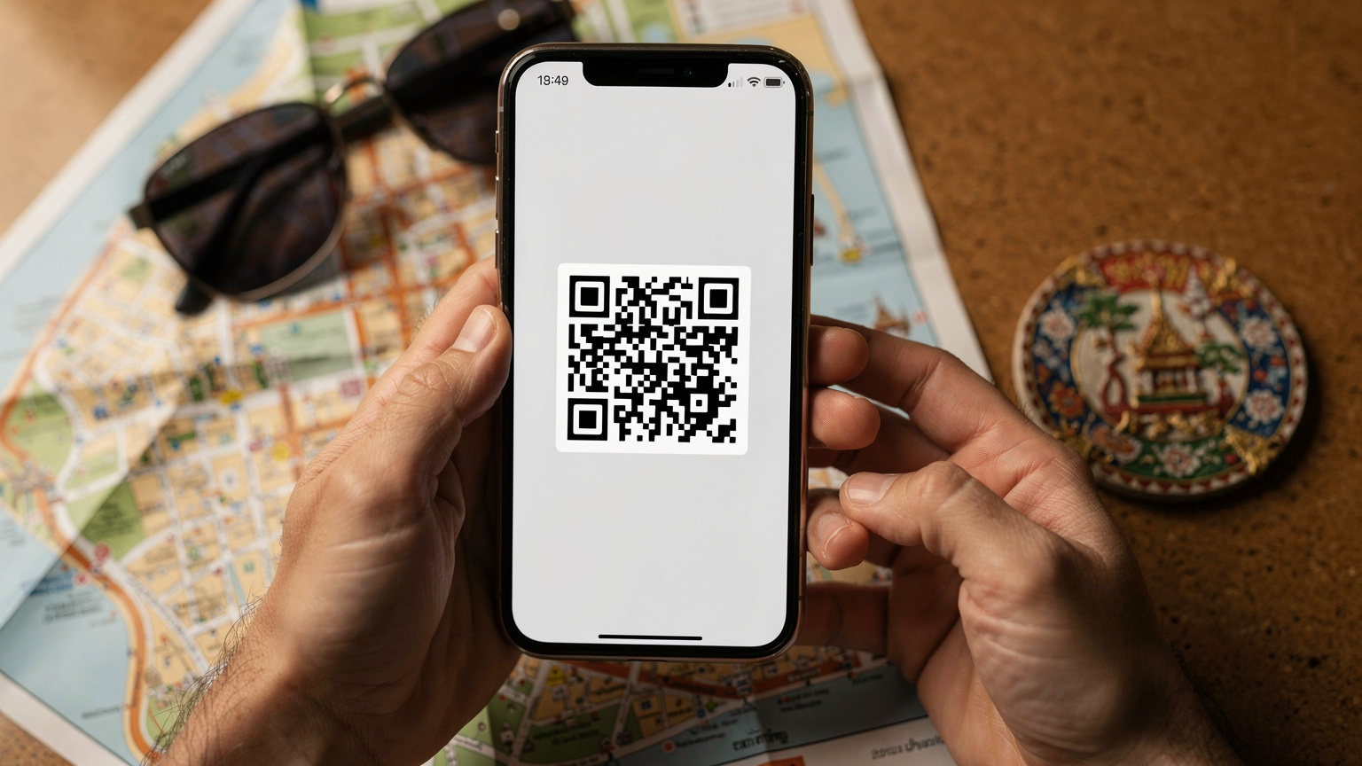 Des mains tenant un smartphone montrant un écran d'activation eSIM avec un code QR, avec un plan de Bangkok déplié et des lunettes de soleil sur une table basse en arrière-plan.