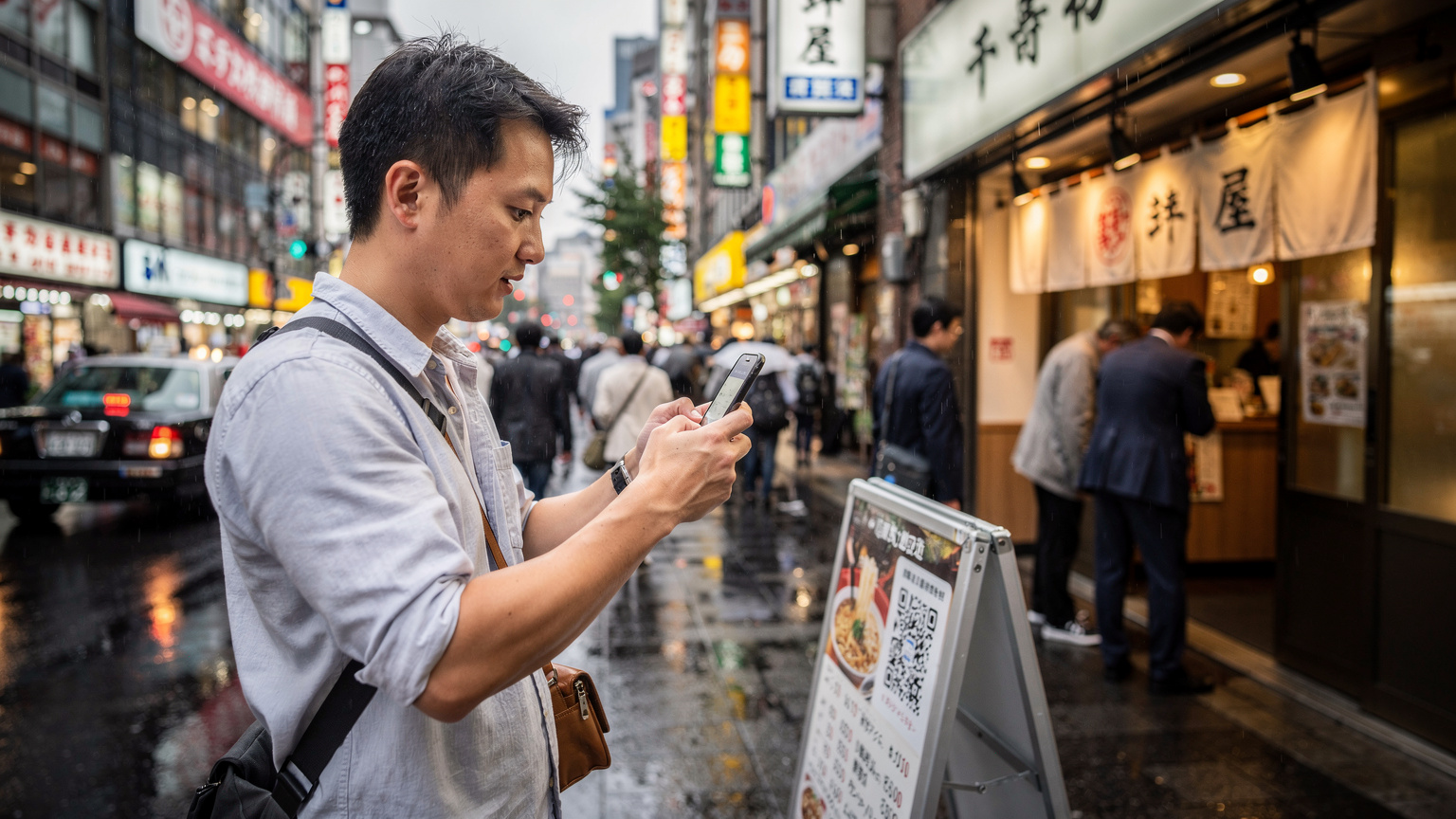 一名中國旅客在東京新宿街頭, 舉起手機試圖掃描餐廳的二維碼菜單, 背景是繁忙的商店和人流。