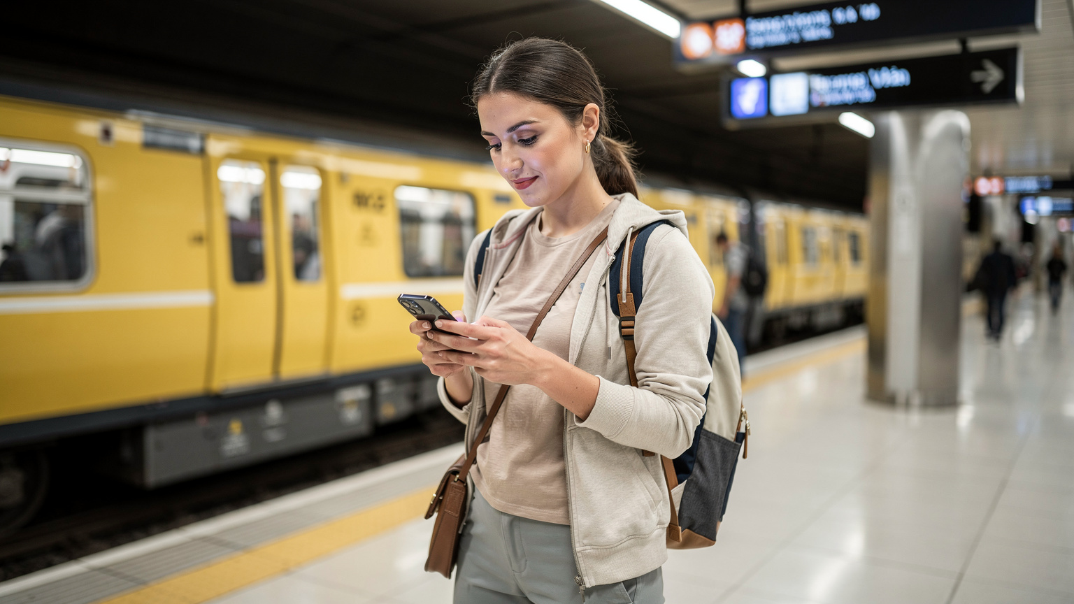 İstanbul'da bir turist, M2 metro hattının bir istasyonunda, peronda dururken telefonundaki eSIM bağlantısını kontrol ediyor. Arka planda metro vagonu görünüyor.