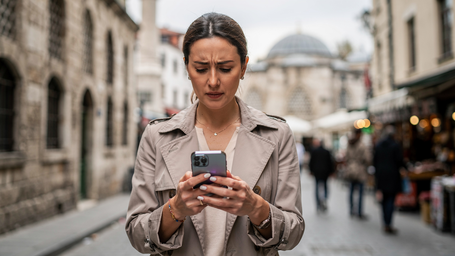 İstanbul'un tarihi Çemberlitaş Hamamı yakınlarında, bir kadın akıllı telefonunda farklı eSIM sağlayıcılarının fiyatlarını karşılaştırıyor. Arka planda tarihi bir yapı ve hareketli sokak silueti seçiliyor.