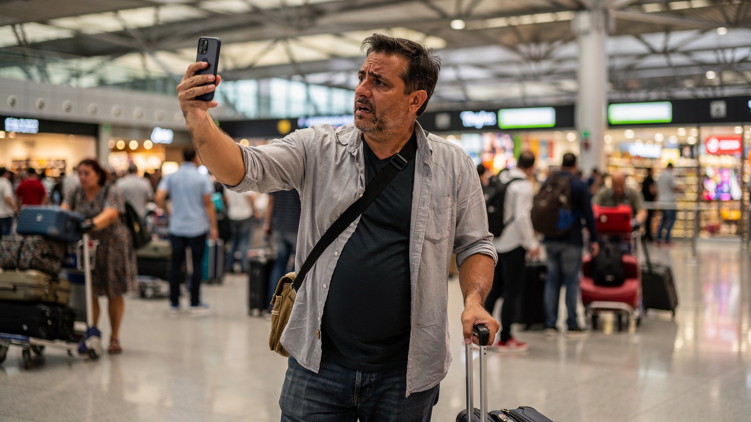 İstanbul Havalimanı (IST) gelen yolcu terminalinde, bir turist elinde telefonuyla etrafa bakınıyor, yüzünde hafif bir endişe var, sanki internet bağlantısı kurmakta zorlanıyormuş gibi. Arka planda kalabalık bir terminal alanı görünüyor.