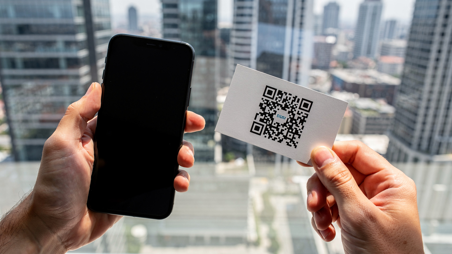 Bir akıllı telefonun ekranında eSIM kurulum ekranı açıkken, parmaklar bir QR kodunu taramak üzere yaklaşıyor. Arka planda İstanbul'un modern iş merkezlerinden birinin silueti var.
