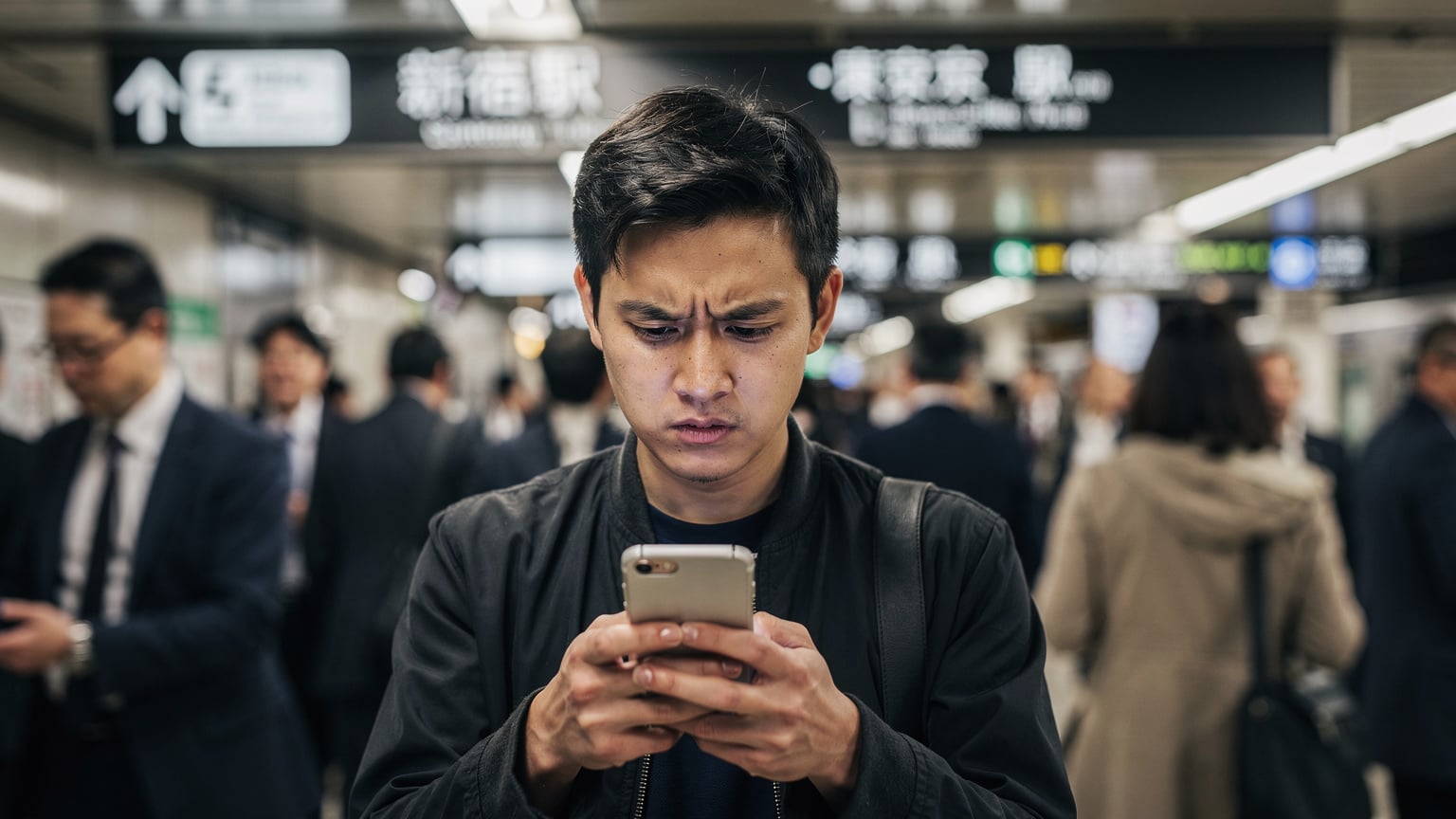A traveler looking intently at their smartphone in a bustling Tokyo train station, with a concerned expression, indicating a connectivity issue.