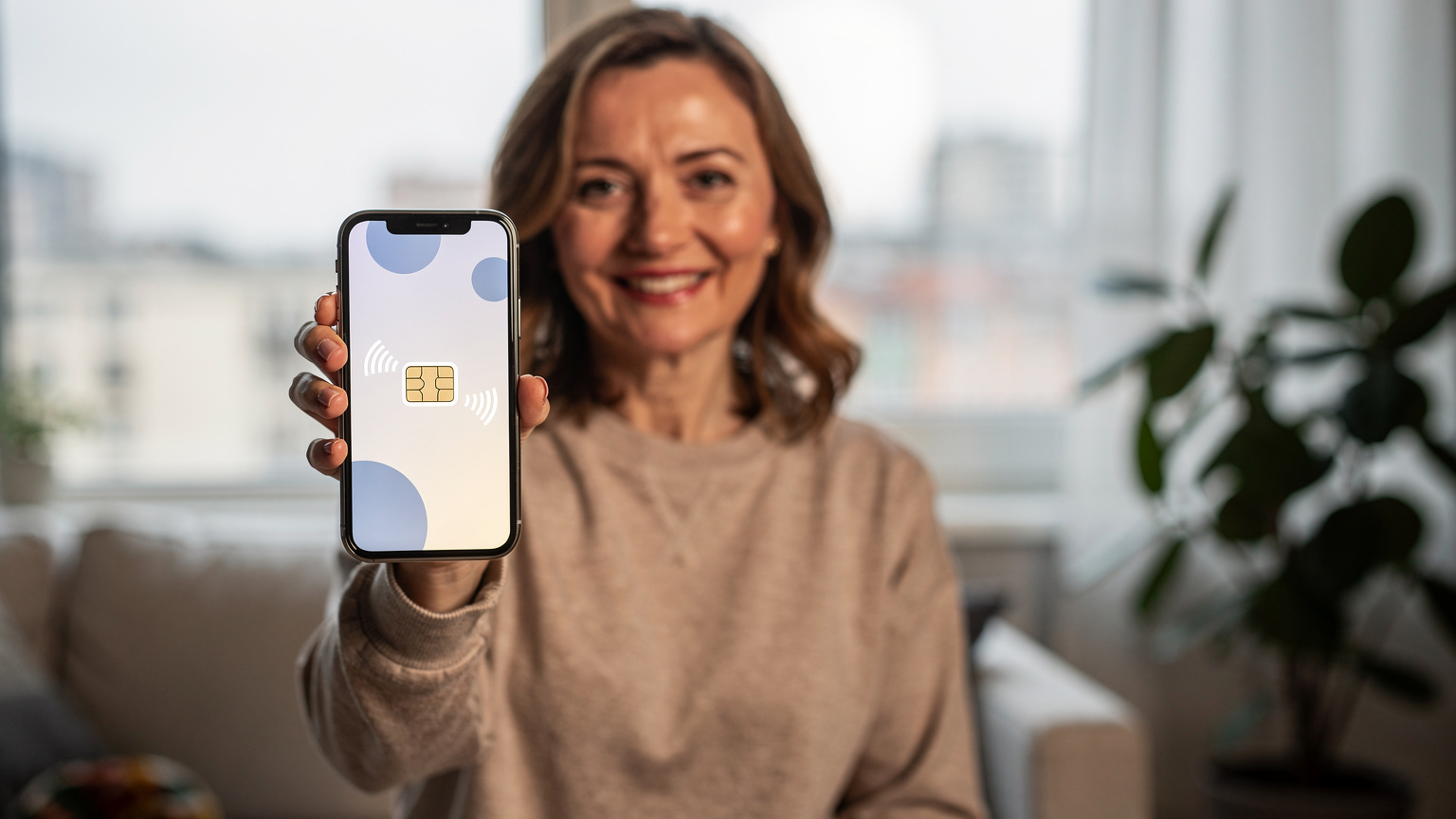 Жінка з посмішкою показує екран телефону з активованим eSIM профілем, на задньому плані видно затишний інтер'єр її квартири в Києві, що підкреслює комфорт і простоту використання технології вдома.