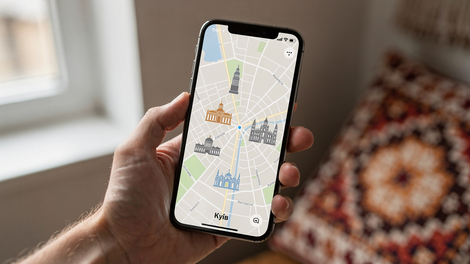 Сучасний iPhone з активованим профілем eSIM, відображає карту Києва з маркерами визначних місць, що символізує зручність навігації та зв'язку в місті.