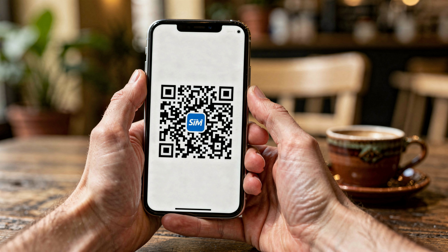 Крупний план рук, що тримають смартфон, на екрані якого відображено QR-код для активації eSIM, на задньому плані розмитий інтер'єр затишної київської кав'ярні.
