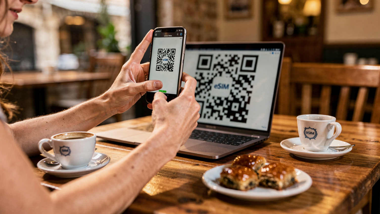 ידיים של אישה מבצעות פעולת סריקה של קוד QR של eSIM עם סמארטפון, על גבי מסך מחשב נייד בבית קפה שקט ברובע פלאקה באתונה, עם כוס קפה יווני לצד המחשב.