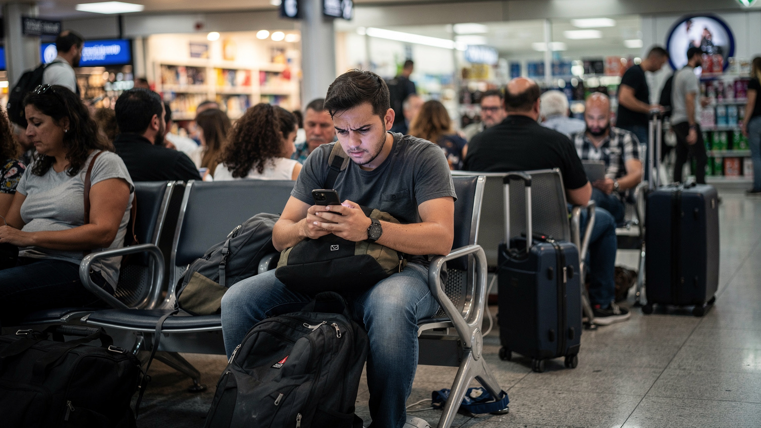 מטייל צעיר ומוטרד מביט בייאוש על מסך הטלפון שלו, מנסה להתחבר לרשת Wi-Fi ציבורית בנמל התעופה הבינלאומי של אתונה (ATH), מסביבו המון אנשים וחפצים מפוזרים.