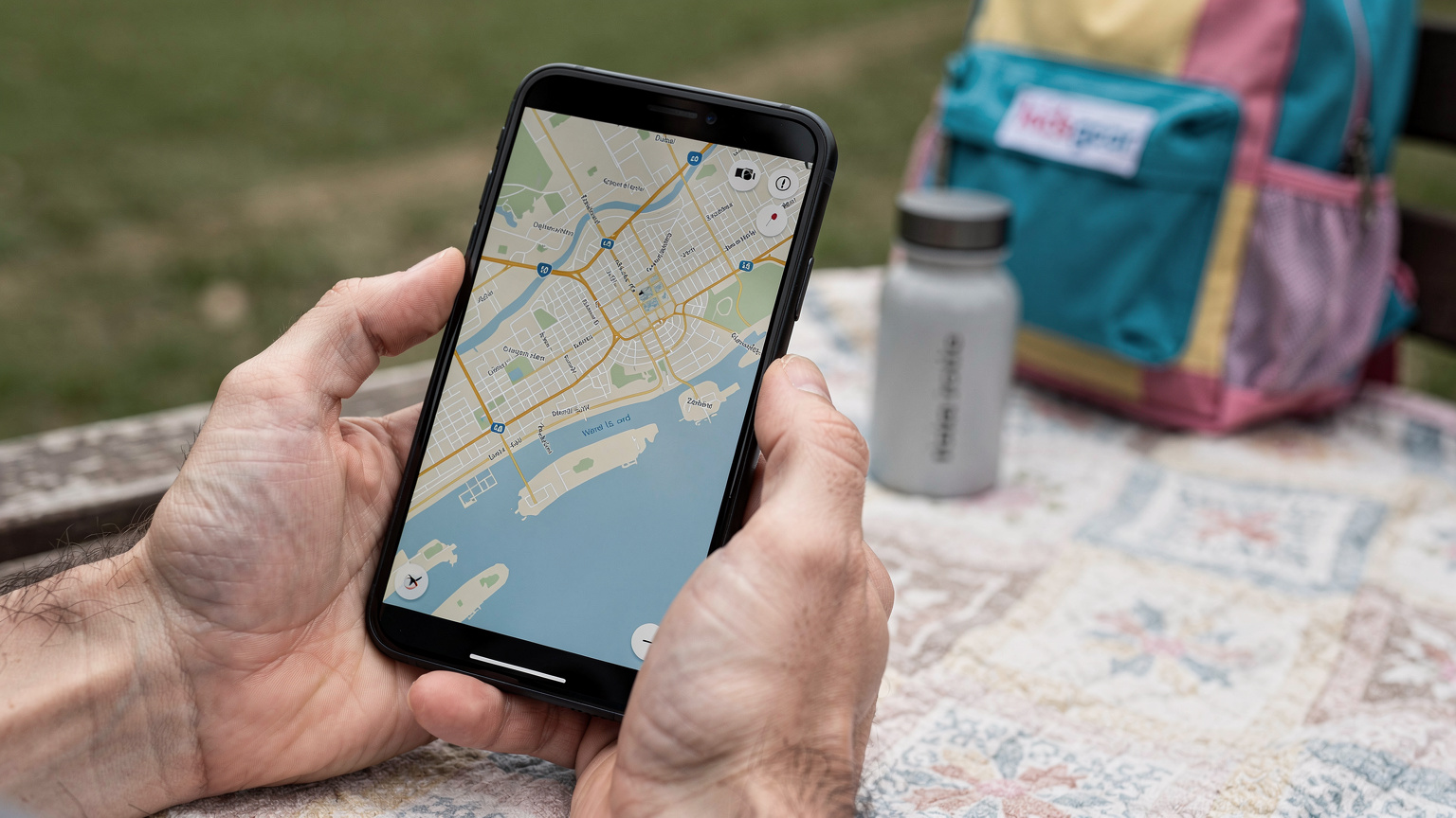 Nahaufnahme von Händen, die auf einem Smartphone-Bildschirm eine heruntergeladene Offline-Karte von Dubai anzeigen, mit einem Kinderrucksack und einer Wasserflasche im leicht unscharfen Hintergrund.