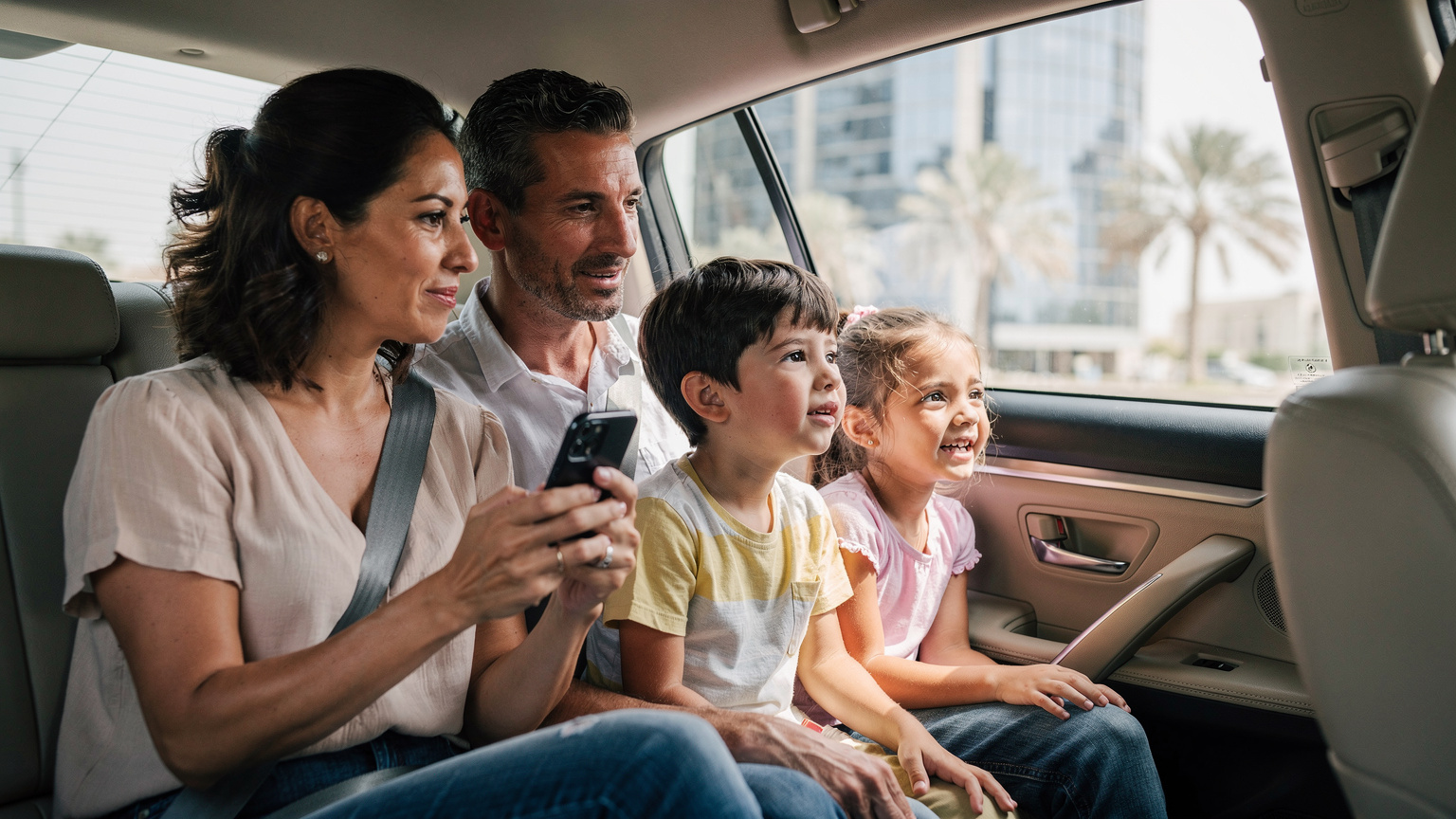 Eine Familie, die sich gerade in einem Taxi in Dubai orientiert, während die Mutter auf ihrem Smartphone eine Karte überprüft und die Kinder interessiert aus dem Fenster schauen.