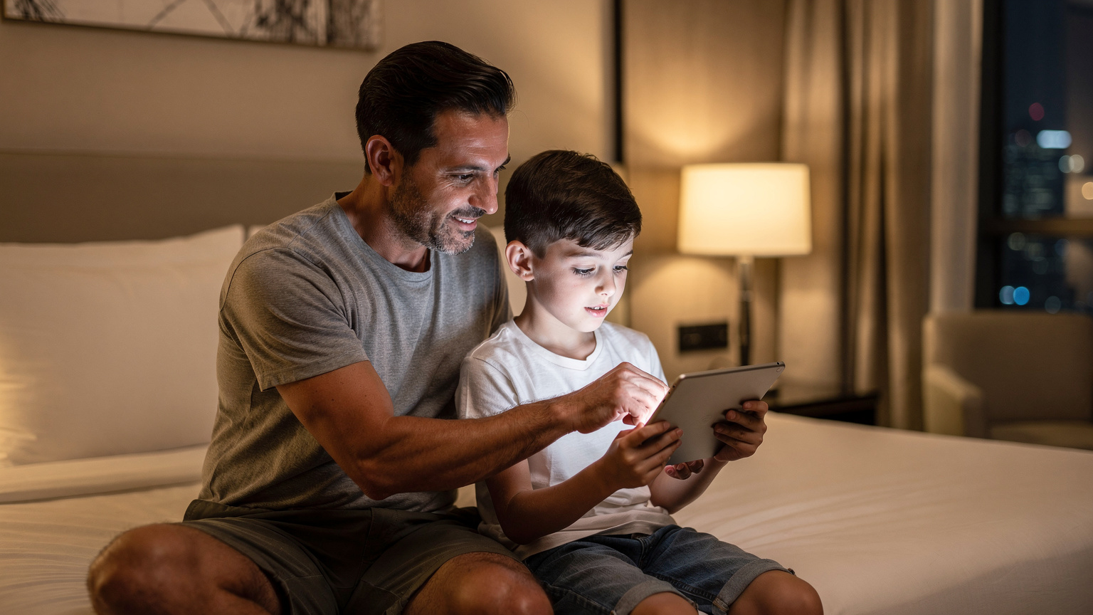 Ein Vater zeigt seinem Sohn, wie man auf einem Tablet die Einstellungen für die Bildschirmzeit anpasst, während sie in einem gemütlichen Hotelzimmer in Dubai sitzen.