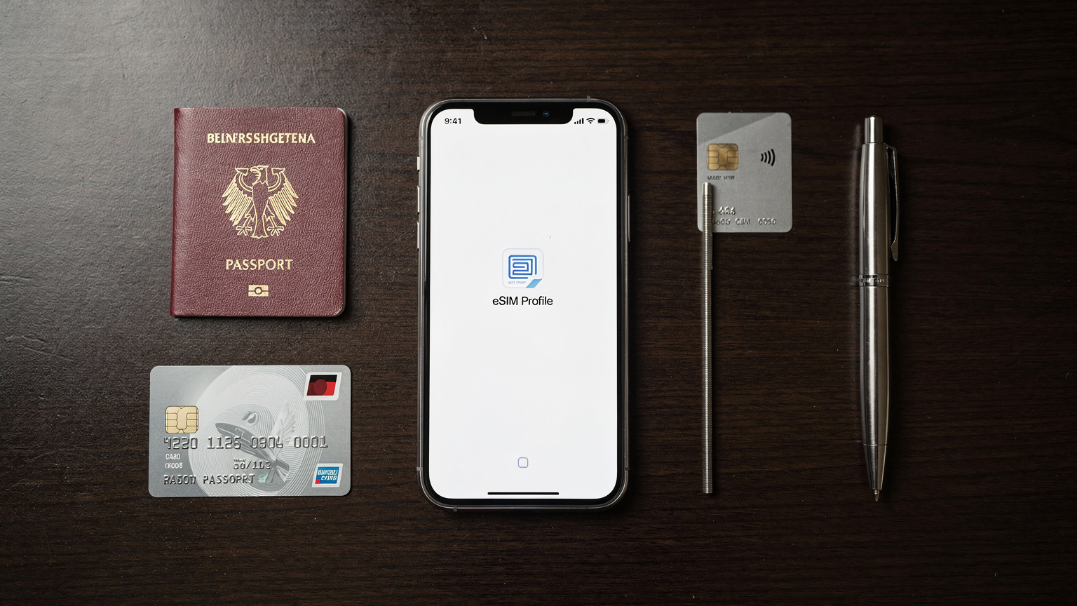 Eine detaillierte Ansicht eines Smartphones mit einer auf dem Bildschirm angezeigten eSIM-Verwaltungs-App, umgeben von einem Reisepass, einer Kreditkarte und einem Stift, die auf einem dunklen Holztisch liegen.