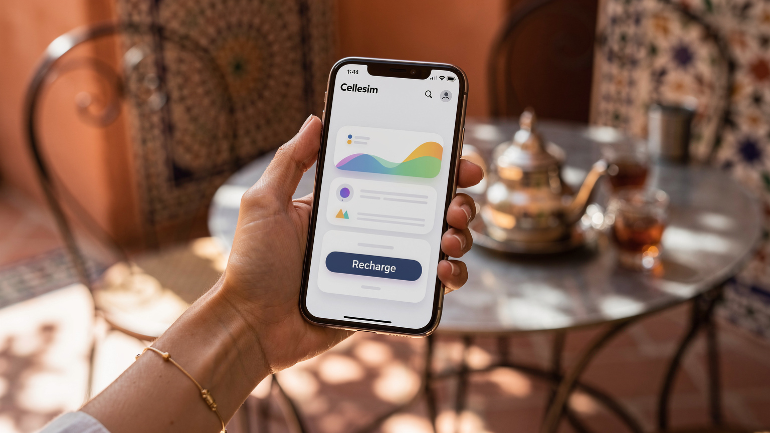 Une main féminine tenant un smartphone avec l'application Cellesim ouverte, affichant clairement un graphique de consommation de données et un bouton 'Recharger'. En arrière-plan, flou mais reconnaissable, se trouve la terrasse d'un café traditionnel à Marrakech avec des tasses de thé à la menthe et des pâtisseries marocaines.