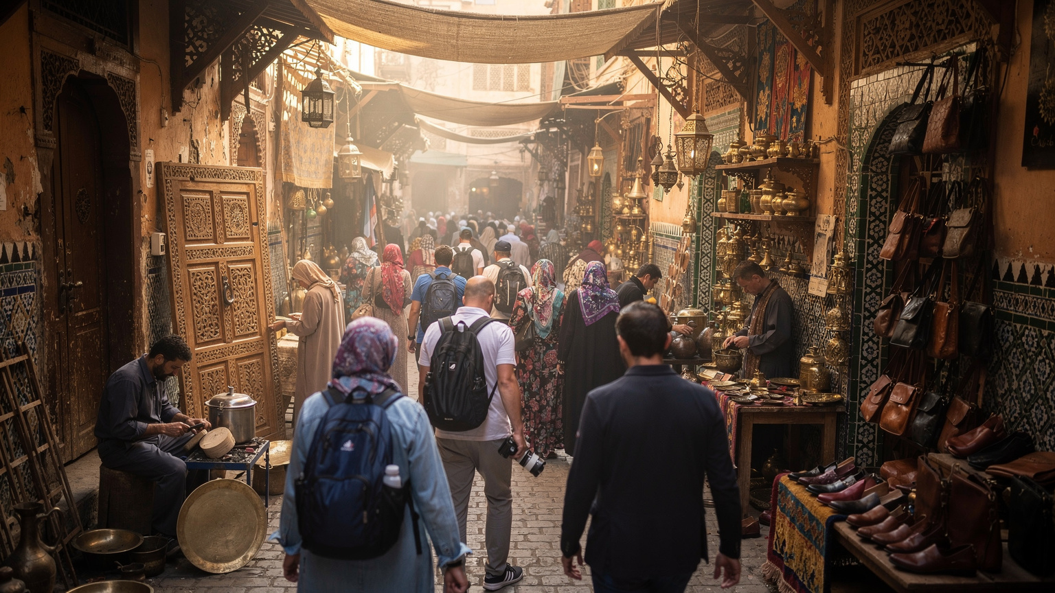 Une ruelle étroite et sinueuse de la médina de Fès, Maroc, sous un ciel légèrement couvert. Des artisans locaux travaillent devant leurs échoppes, tandis que des passants habillés de tenues traditionnelles et modernes naviguent dans la foule. La lumière douce de fin de matinée éclaire les murs texturés des bâtiments en argile, créant une ambiance authentique et animée.