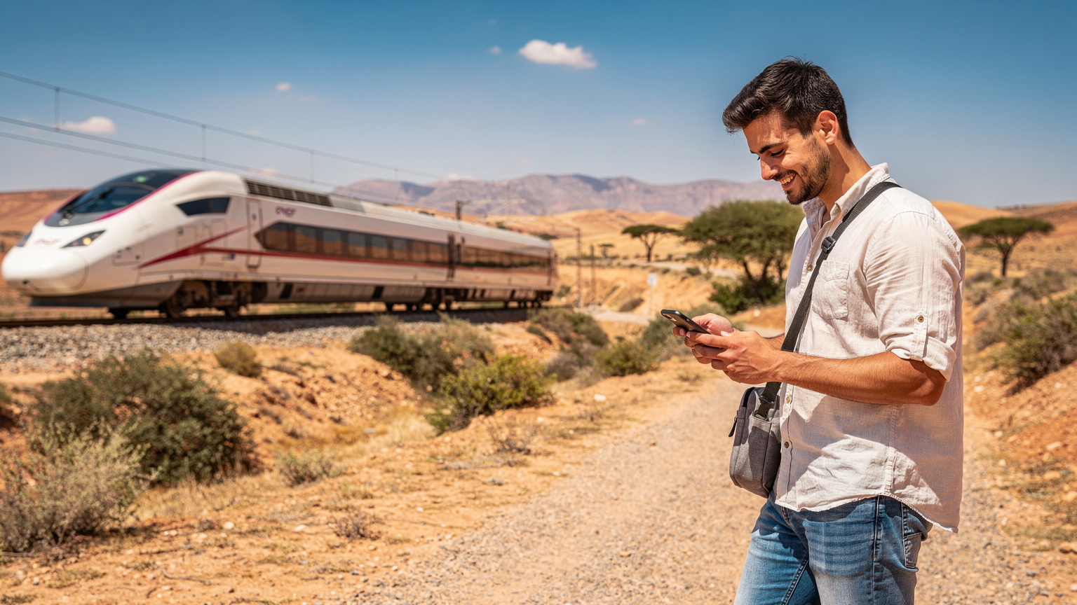 Un jeune homme souriant, au premier plan, consulte son téléphone portable avec un air satisfait. En arrière-plan, un train moderne à grande vitesse de l'ONCF (chemins de fer marocains) traverse rapidement un paysage marocain semi-désertique, avec des collines et une végétation clairsemée sous un ciel bleu clair.