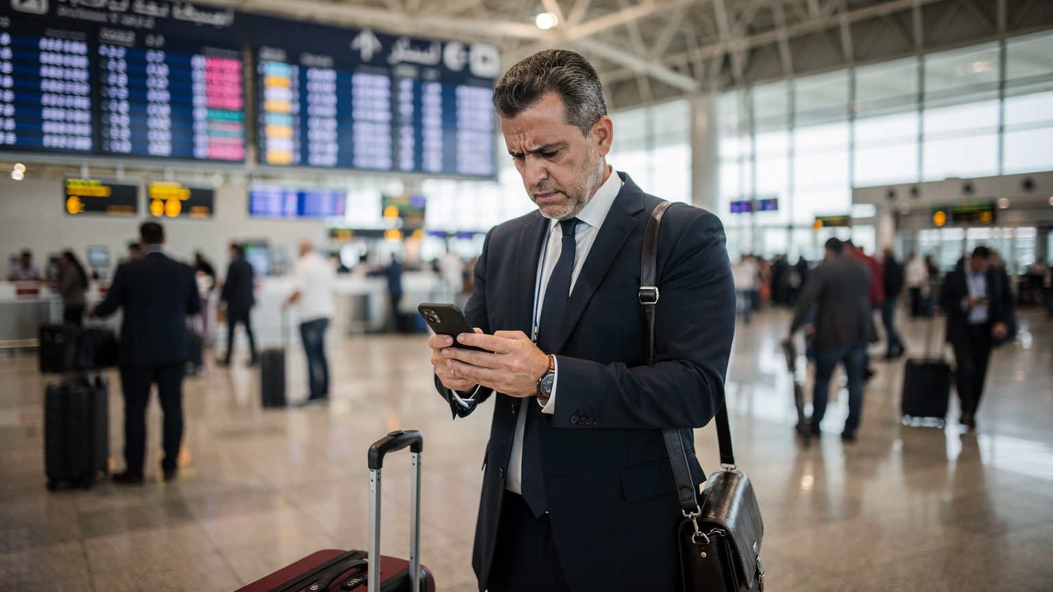 Un homme d'affaires élégant, l'air stressé, regarde fixement son smartphone, le signal Wi-Fi faible ou absent sur l'écran. Il est debout dans le hall d'aéroport de Casablanca-Mohammed V bondé, avec des écrans d'affichage des vols et des passagers pressés en arrière-plan, la lumière est diffuse et artificielle.