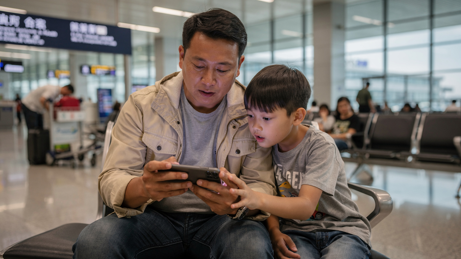 Seorang ayah membantu anaknya mengaktifkan eSIM di ponselnya di bandara yang ramai.