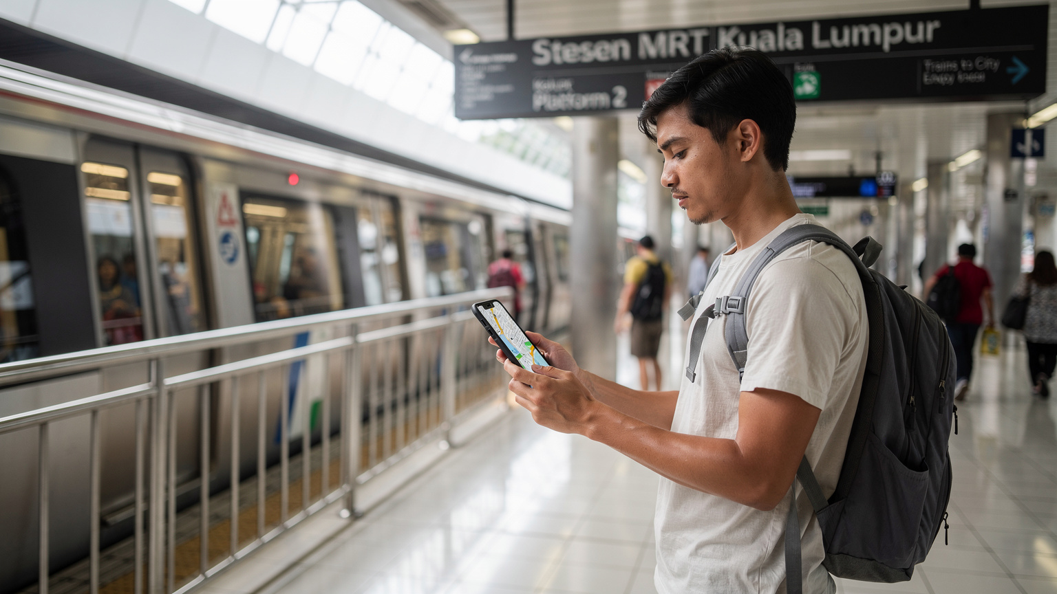 Seorang turis memegang ponselnya dengan aplikasi peta terbuka di stasiun MRT Kuala Lumpur.