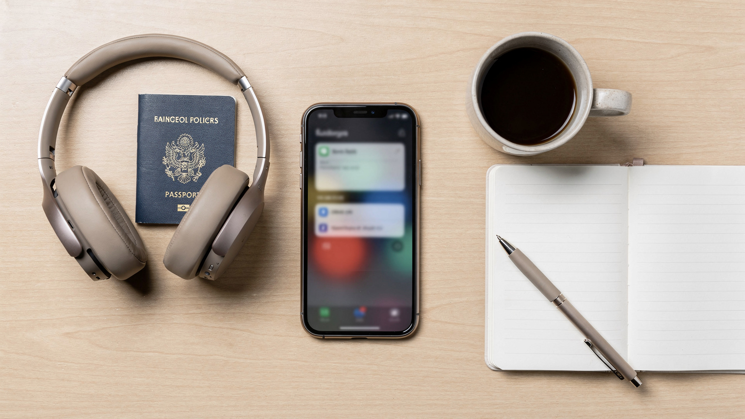 Vue aérienne (flat-lay) d'un bureau de travail de nomade numérique avec un iPhone affichant les réglages d'eSIM, un passeport français, des écouteurs sans fil, une tasse de café et un carnet de notes, sur une table en bois clair.