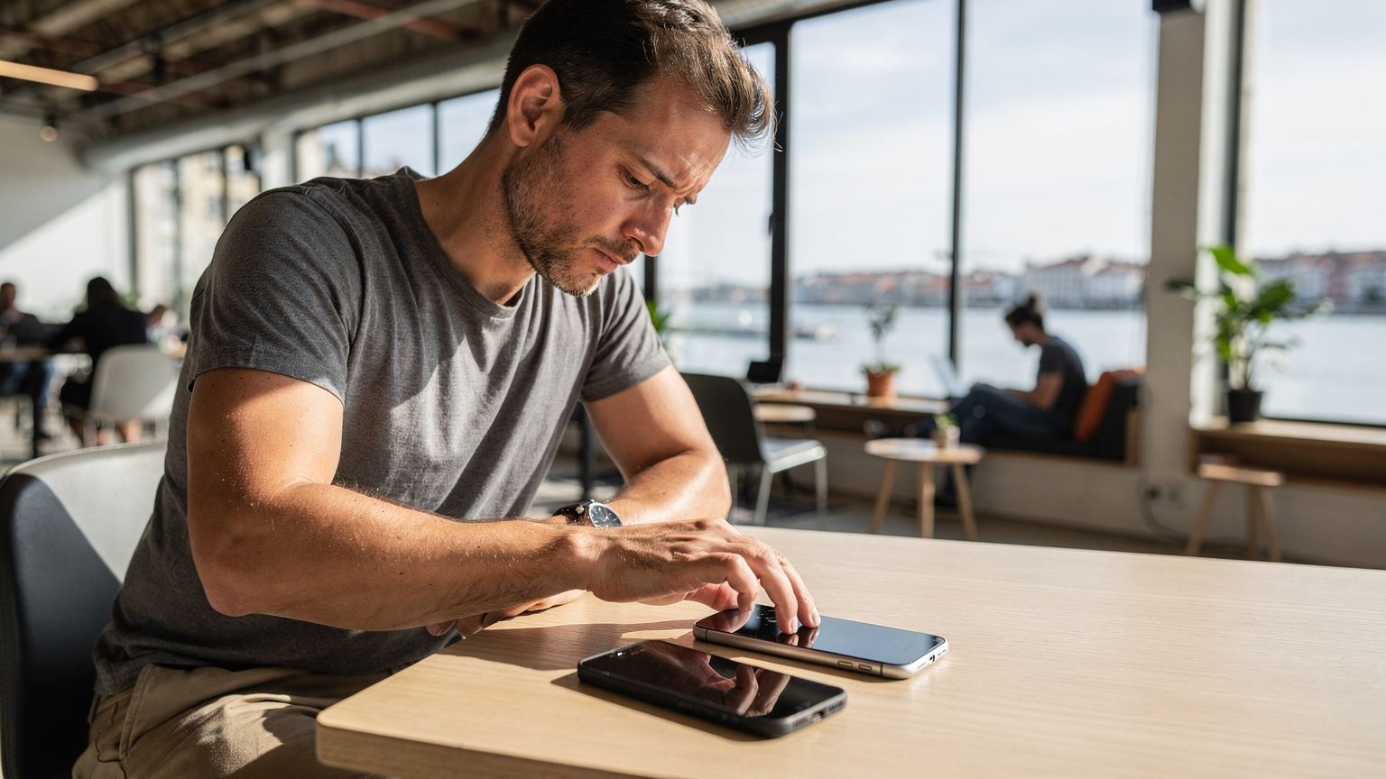 Un nomade numérique vérifie son iPhone, s'assurant que les deux appareils sont prêts pour le transfert d'eSIM, dans un salon de co-working moderne et bien éclairé à Lisbonne, Portugal.