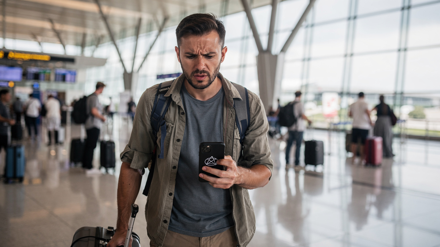 Un voyageur à l'air frustré, son iPhone affichant un message d'erreur de connexion, dans l'agitation d'un hall d'aéroport à Singapour, avec des valises et des passants en arrière-plan, symbolisant un problème de connectivité.