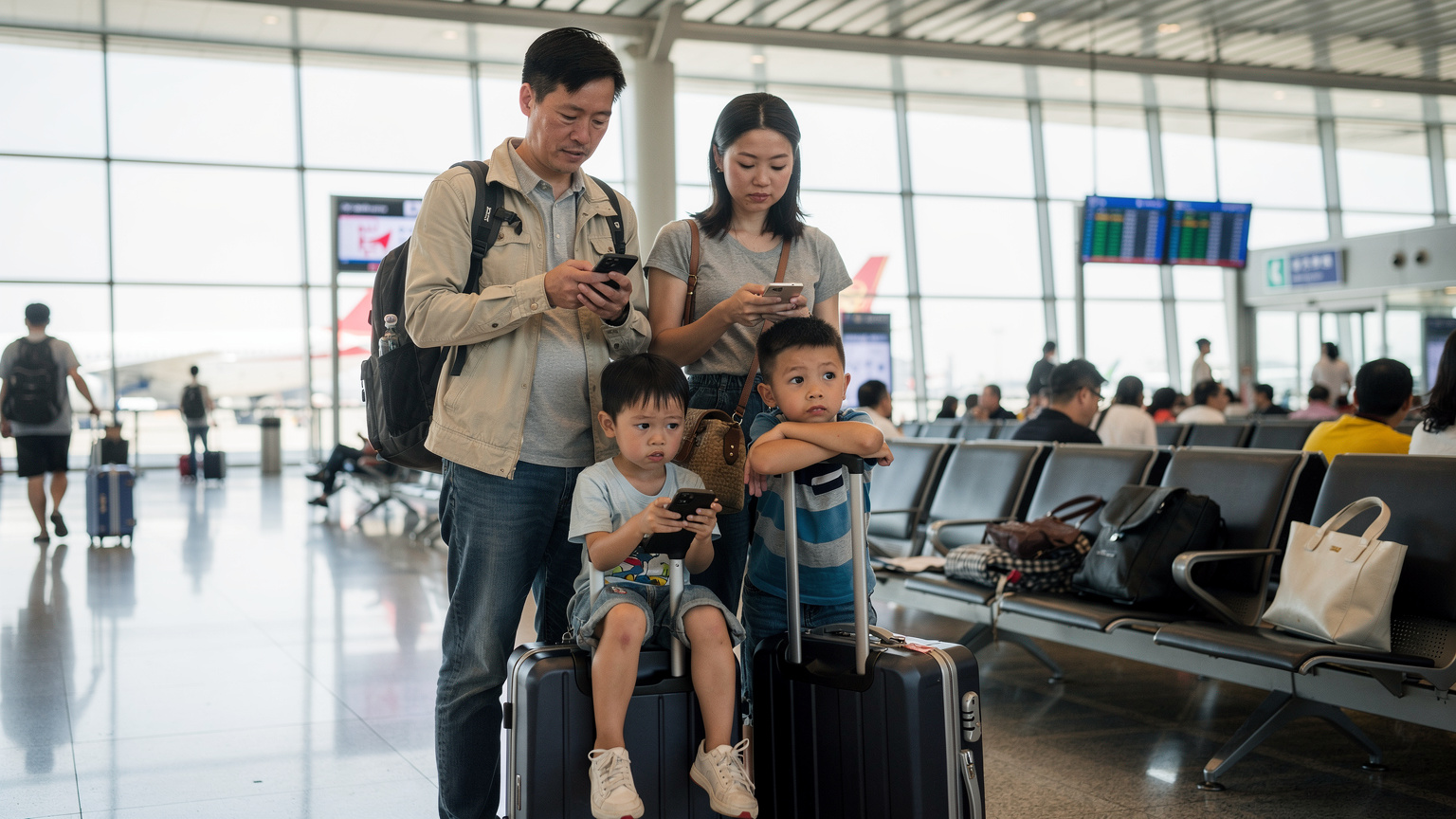 一個家庭在機場的登機口,爸爸媽媽正在查看手機上的登機信息,兩個孩子坐在行李箱上,其中一個孩子不安地看著手機,似乎沒有網絡。