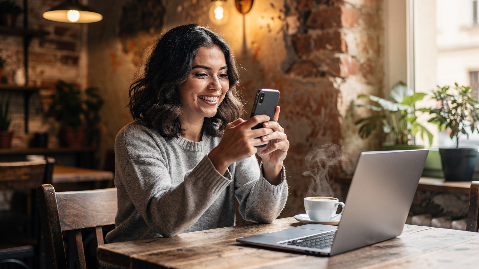 Uma mulher brasileira sorrindo e fazendo uma videochamada em seu smartphone, em um café aconchegante em Praga, República Tcheca, com um laptop aberto e uma xícara de café na mesa, demonstrando conectividade e conforto.