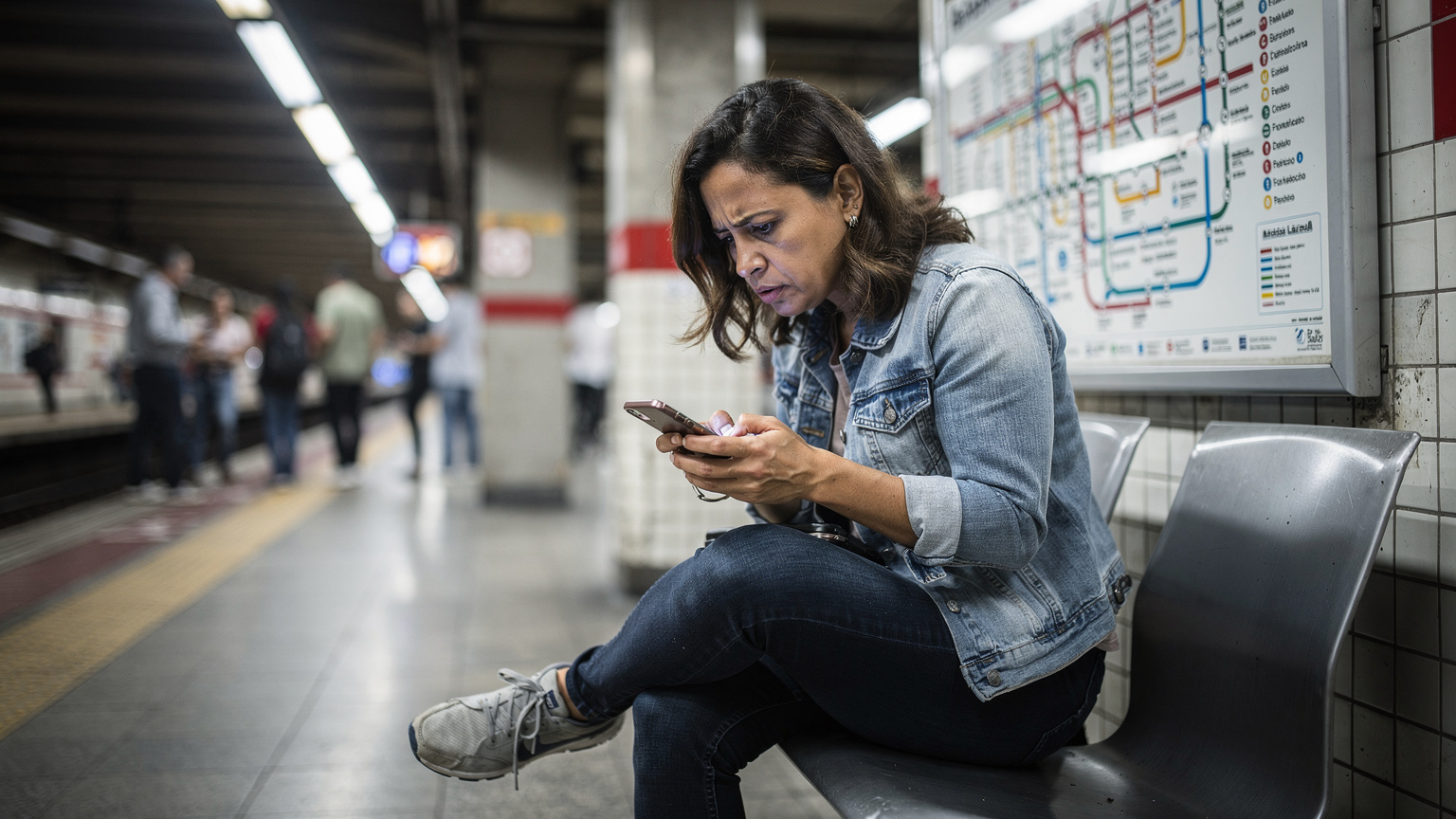 Uma mulher brasileira frustrada com o smartphone, sentada em um banco na estação de metrô República, em São Paulo, com um mapa do transporte público ao fundo, indicando uma conexão perdida.