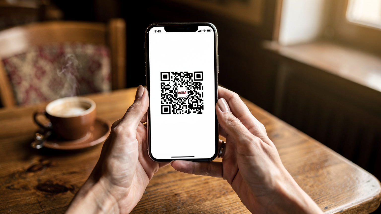 Крупний план рук, що тримають смартфон, на екрані якого відображено QR-код для активації eSIM, на задньому плані розмитий інтер'єр затишного кафе у Львові.