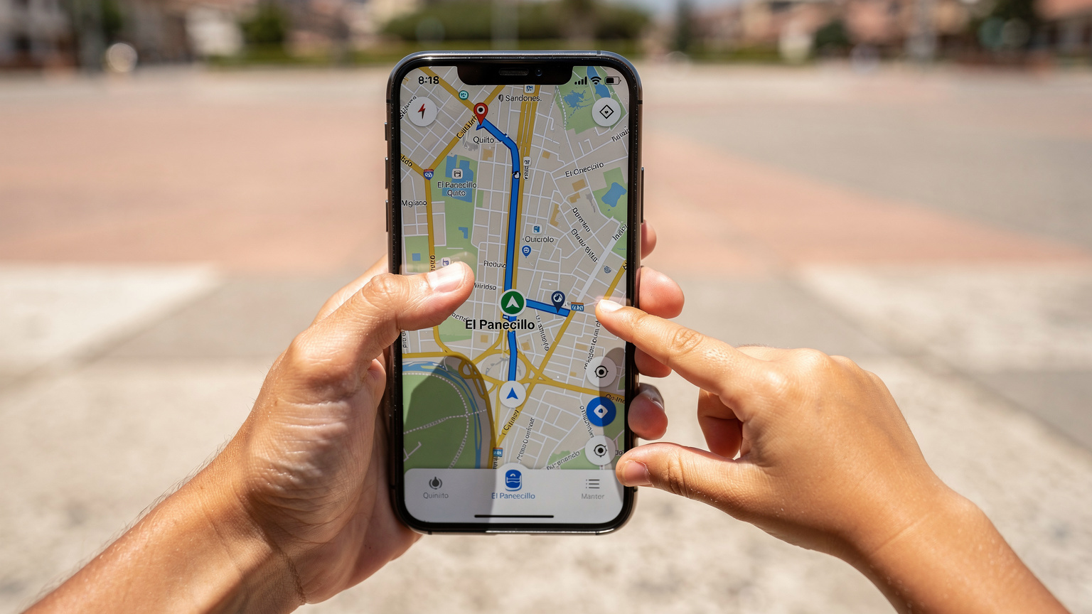 Un écran de smartphone affichant Google Maps avec un itinéraire vers le Panecillo à Quito, tenu par une main d'adulte, avec des mains d'enfants pointant des points d'intérêt sur la carte.
