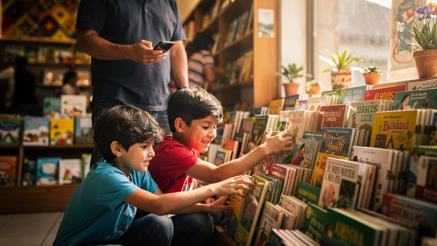 Un parent avec deux enfants dans une librairie pour enfants à Quito, le parent regardant son téléphone pour un itinéraire ou une information, tandis que les enfants sont absorbés par les livres.