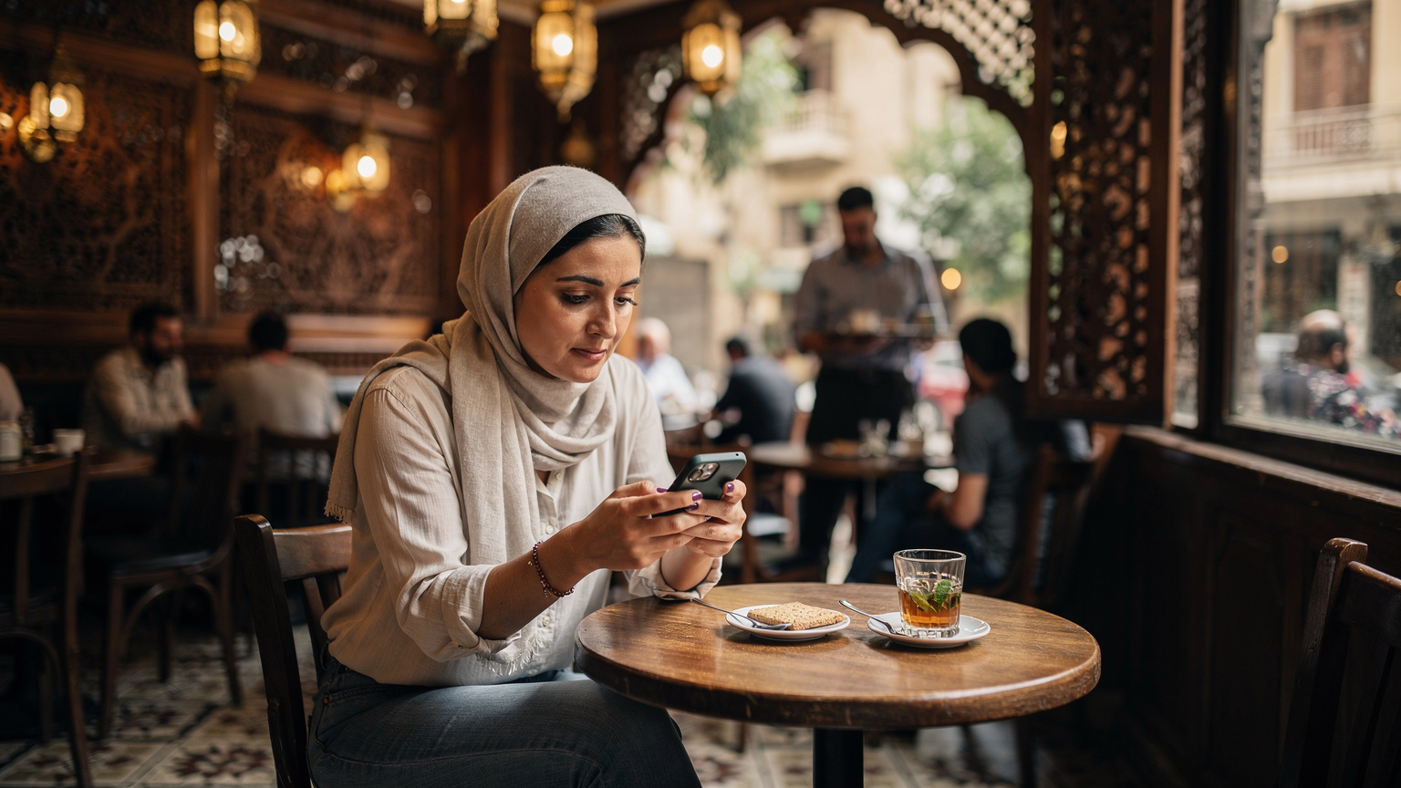 Una mujer con un pañuelo ligero en la cabeza sentada en una cafetería tradicional egipcia en el barrio de Zamalek, El Cairo, revisando su teléfono con una conexión eSIM mientras disfruta de un té de menta. El ambiente es relajado y auténtico, con detalles de arquitectura local.