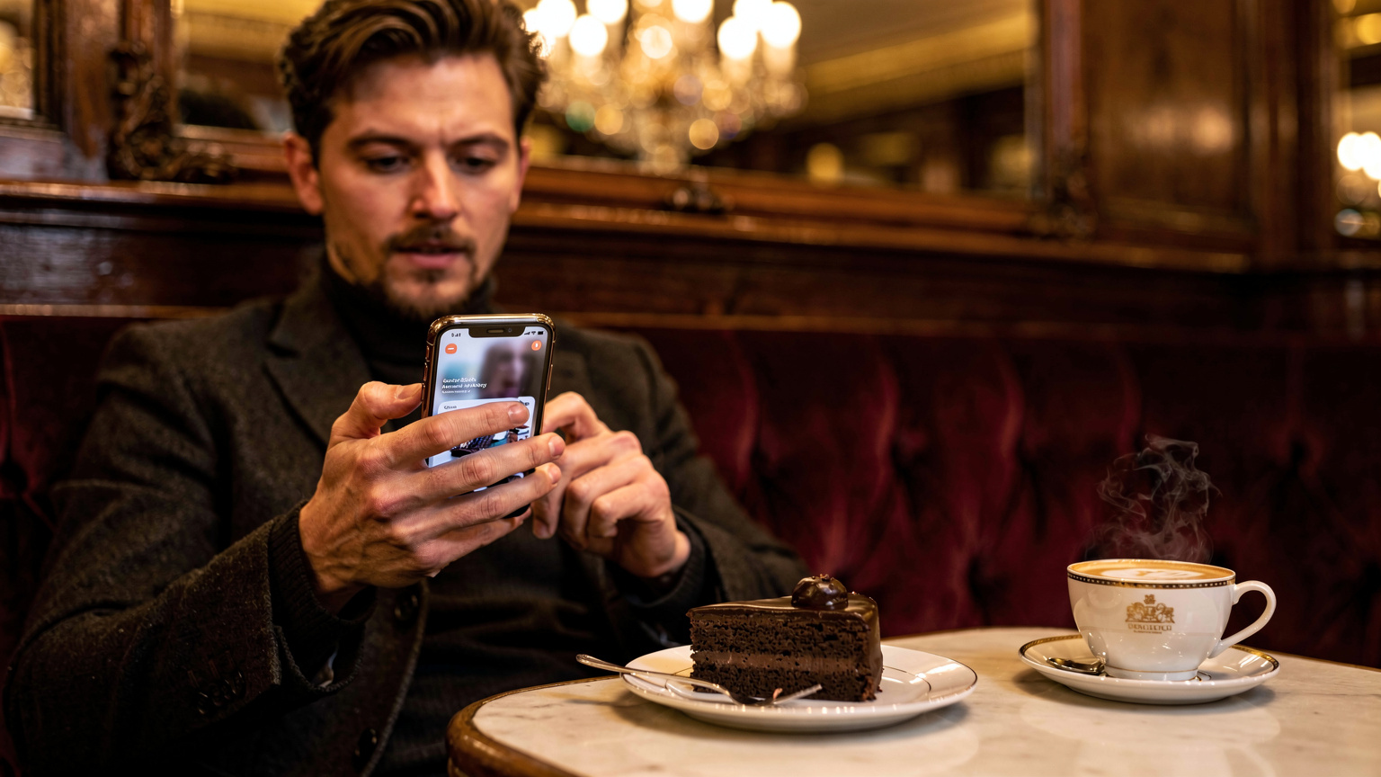 Eine Person sitzt in einem traditionellen Wiener Kaffeehaus und surft auf einem Smartphone, auf dem die Cellesim-App geöffnet ist, mit einem Stück Sachertorte und einem Melange im Vordergrund.