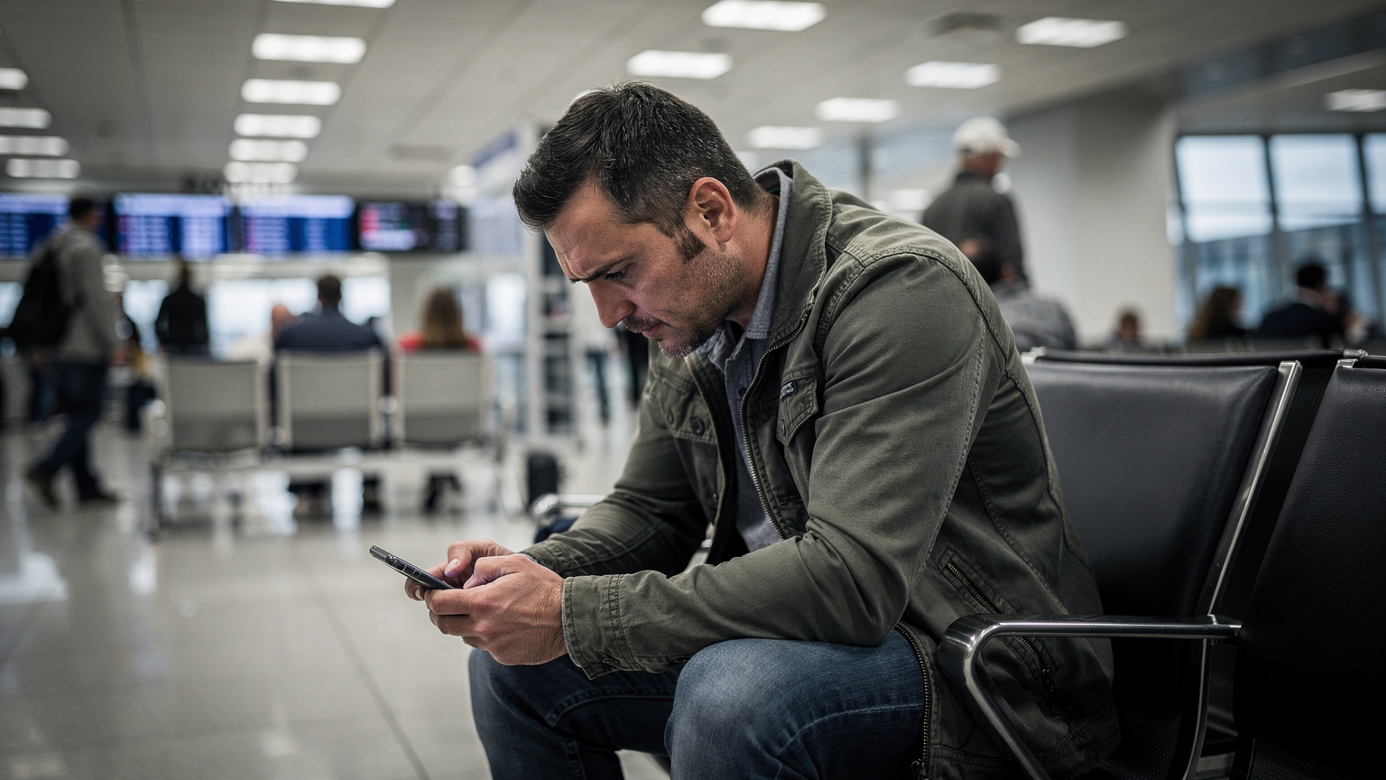 Ein Reisender sitzt frustriert auf einer Bank an einem Flughafen-Terminal, das Smartphone in der Hand, und blickt besorgt auf den Bildschirm.