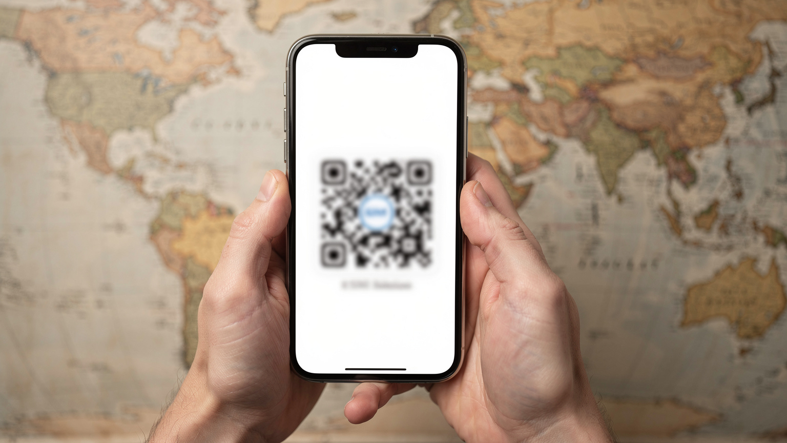 Nahaufnahme von Händen, die ein Smartphone halten, auf dem ein QR-Code für die eSIM-Aktivierung angezeigt wird, vor dem Hintergrund einer Weltkarte.