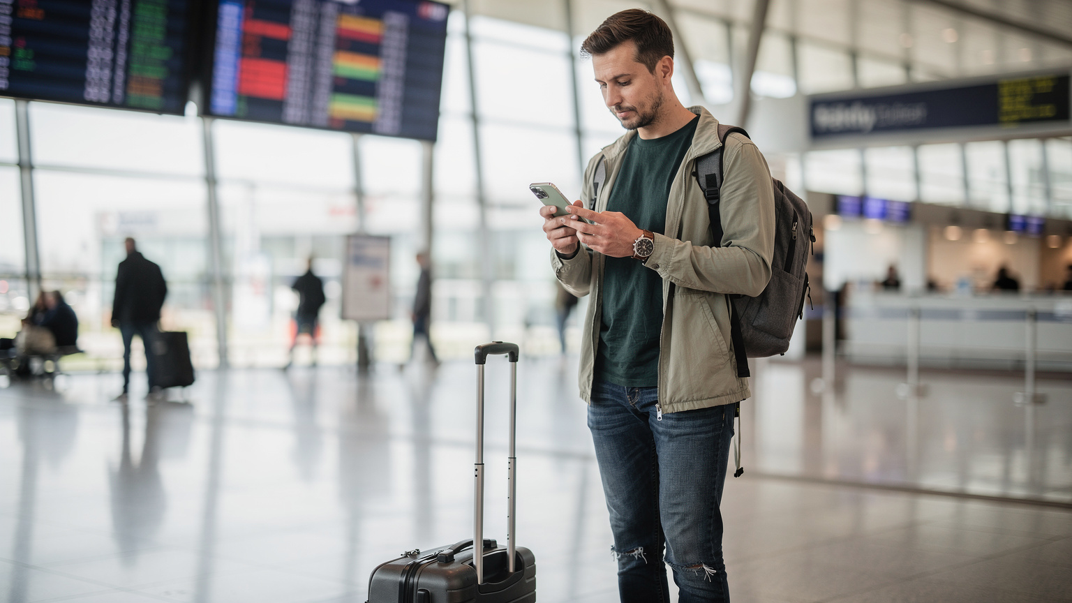 Ein Reisender prüft am Flughafen Berlin Brandenburg die eSIM-Einstellungen auf seinem Smartphone, während sein Gepäck neben ihm steht.