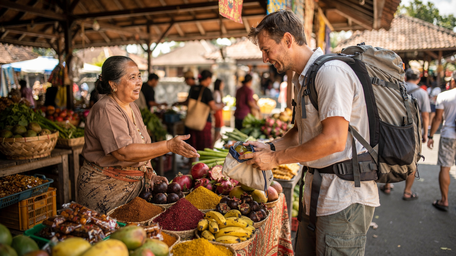 Seorang backpacker sedang berinteraksi dengan penjual makanan di pasar tradisional di Ubud, Bali, dengan suasana ramai dan warna-warni khas pasar lokal.