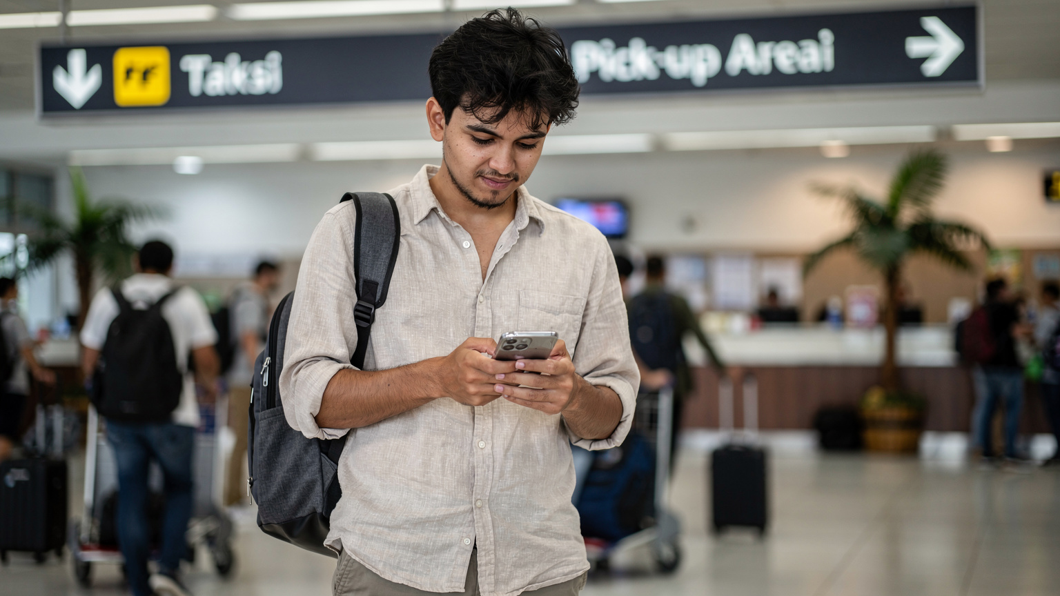 Seorang digital nomad memeriksa ponselnya di area penerbangan Bandara Ngurah Rai, Bali, setelah mendarat, dengan tanda arah ke area penjemputan dan taksi di latar belakang.