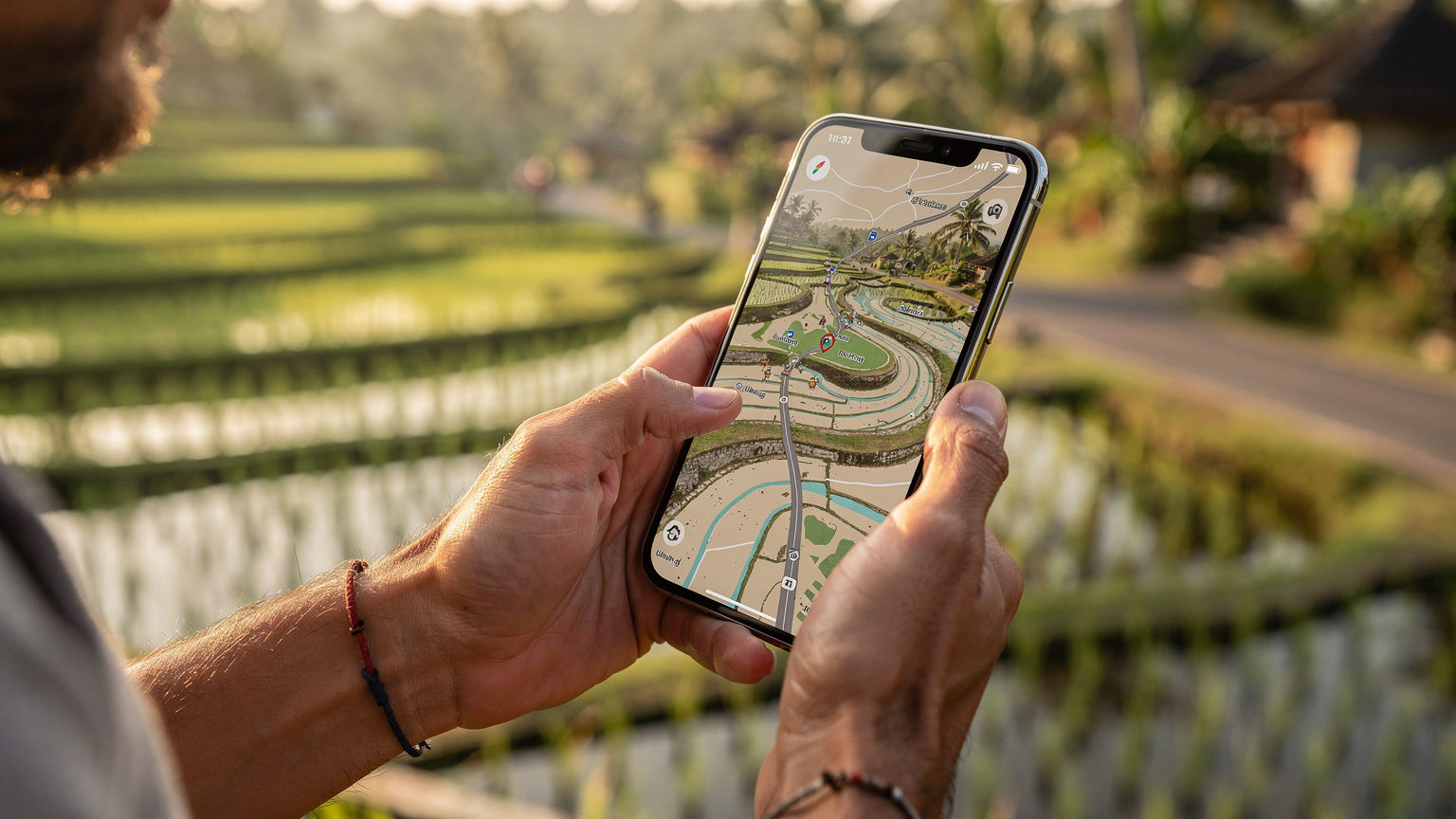 Tangan seorang digital nomad memegang ponsel sambil menunjuk ke peta digital di layar, menunjukkan lokasi di sekitar Ubud, Bali.