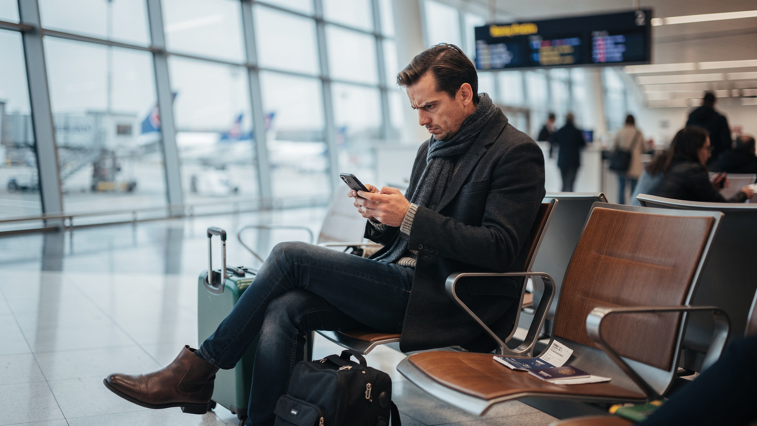 Ein Reisender am Flughafen Zürich, der frustriert auf sein Smartphone starrt und Probleme mit der Internetverbindung hat.