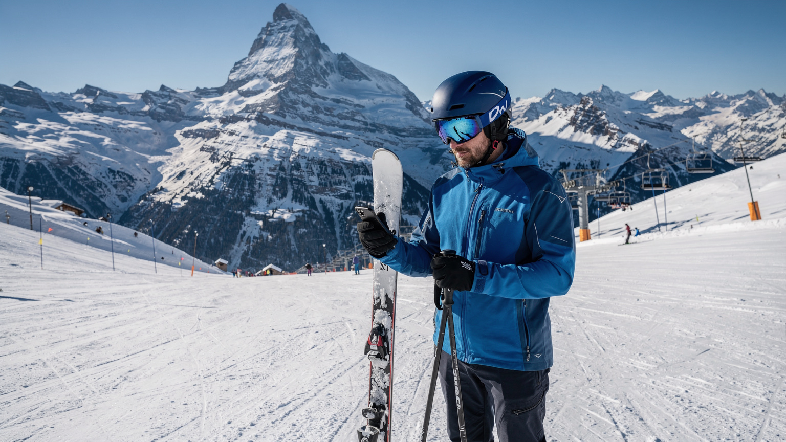Ein Skifahrer auf einer Schweizer Bergpiste, der auf sein Smartphone schaut, mit majestätischen schneebedeckten Gipfeln im Hintergrund.