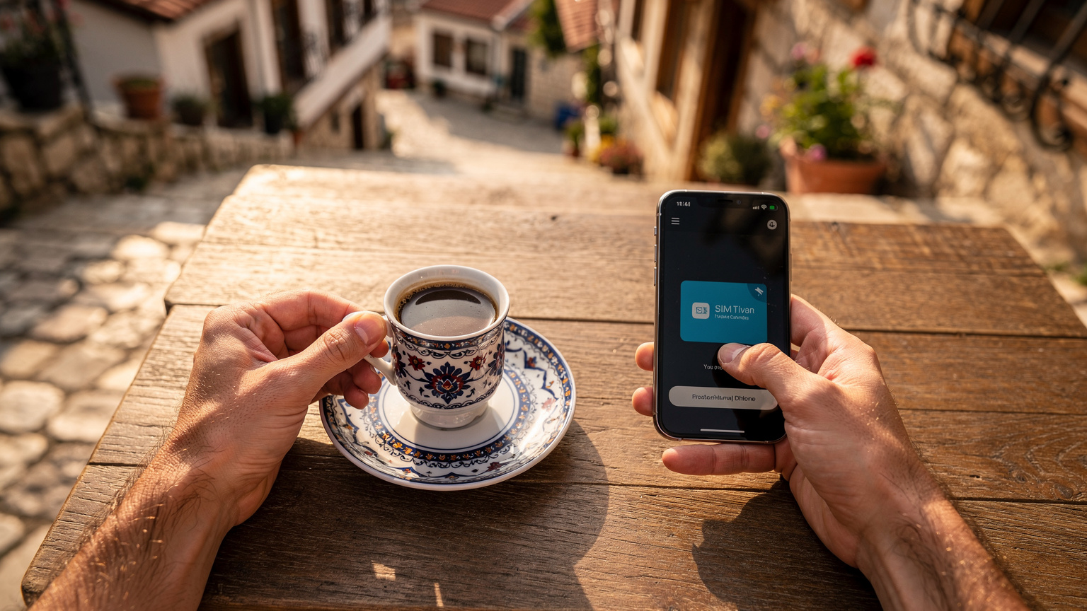 Antalya'nın Kaleiçi bölgesinde, bir elinde Türk kahvesi bardağı tutan bir gezginin diğer eliyle telefonunda bir eSIM uygulamasını açıp veri kullanımını kontrol edişini gösteren yakın çekim.