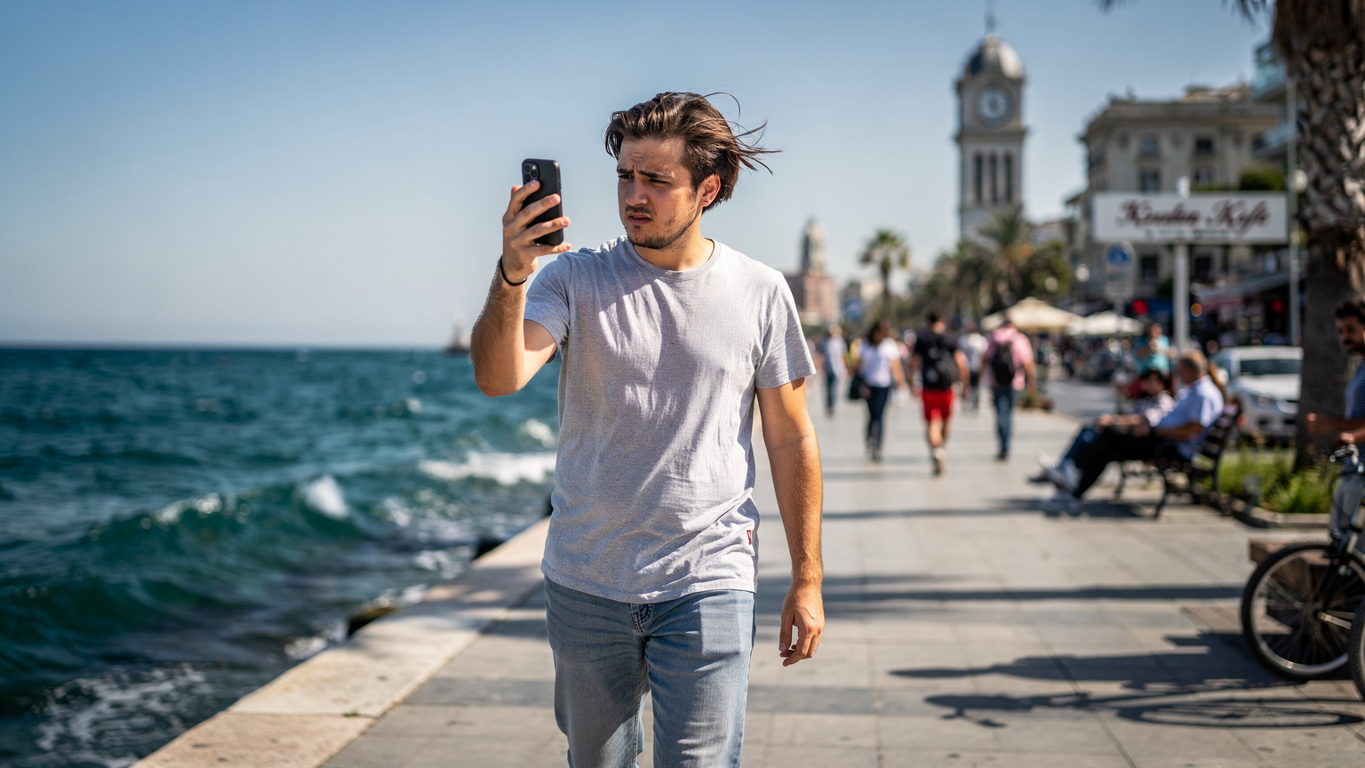 İzmir'in Kordon boyunca yürüyen bir gezgin, telefonundan internete bağlanmaya çalışırken sinyal gücünü kontrol ediyor.
