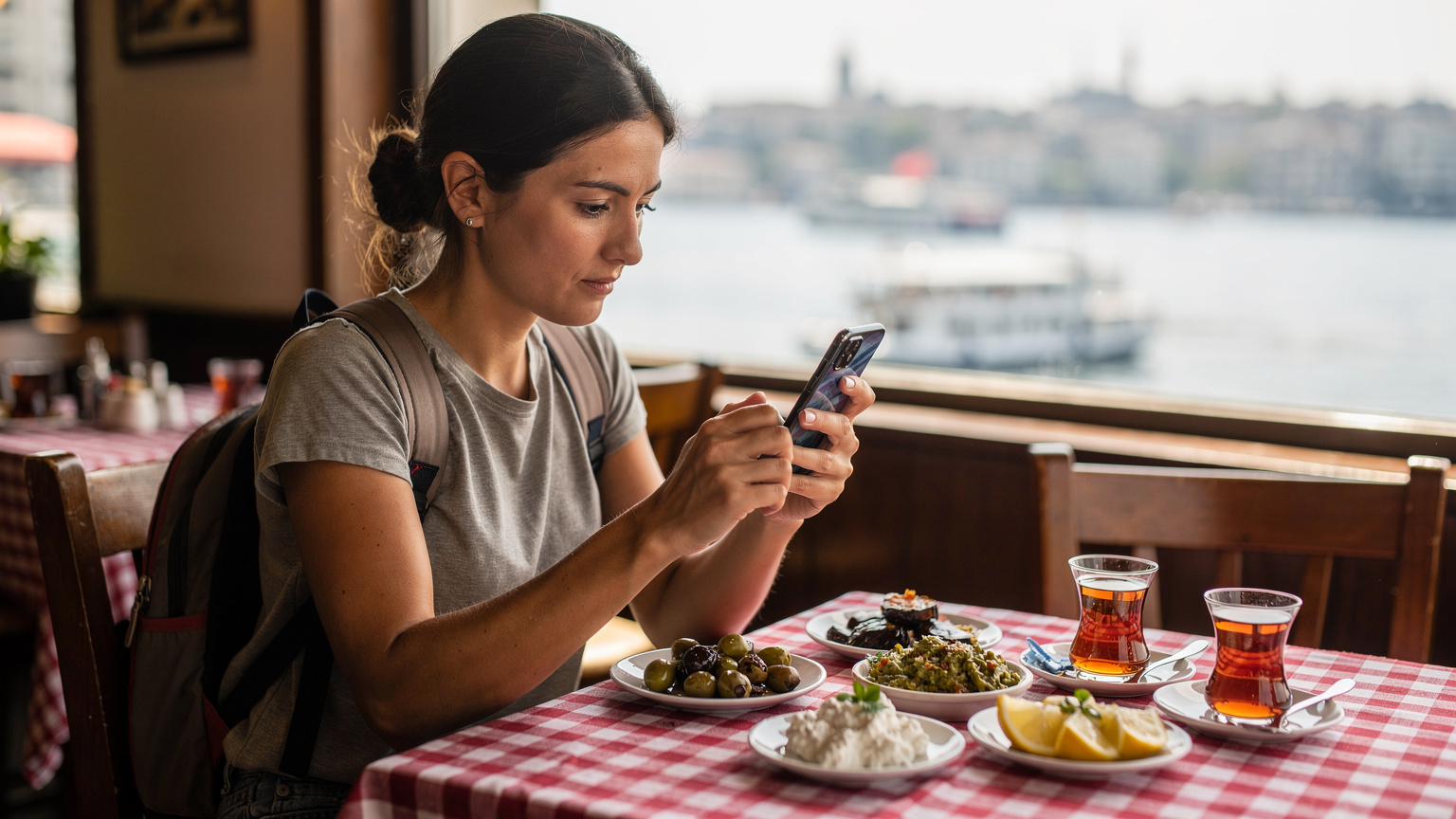 İstanbul'da bir balıkçıda yeni bir eSIM paketi kurmaya çalışan bir gezgin, telefonundaki adımları dikkatle takip ediyor.